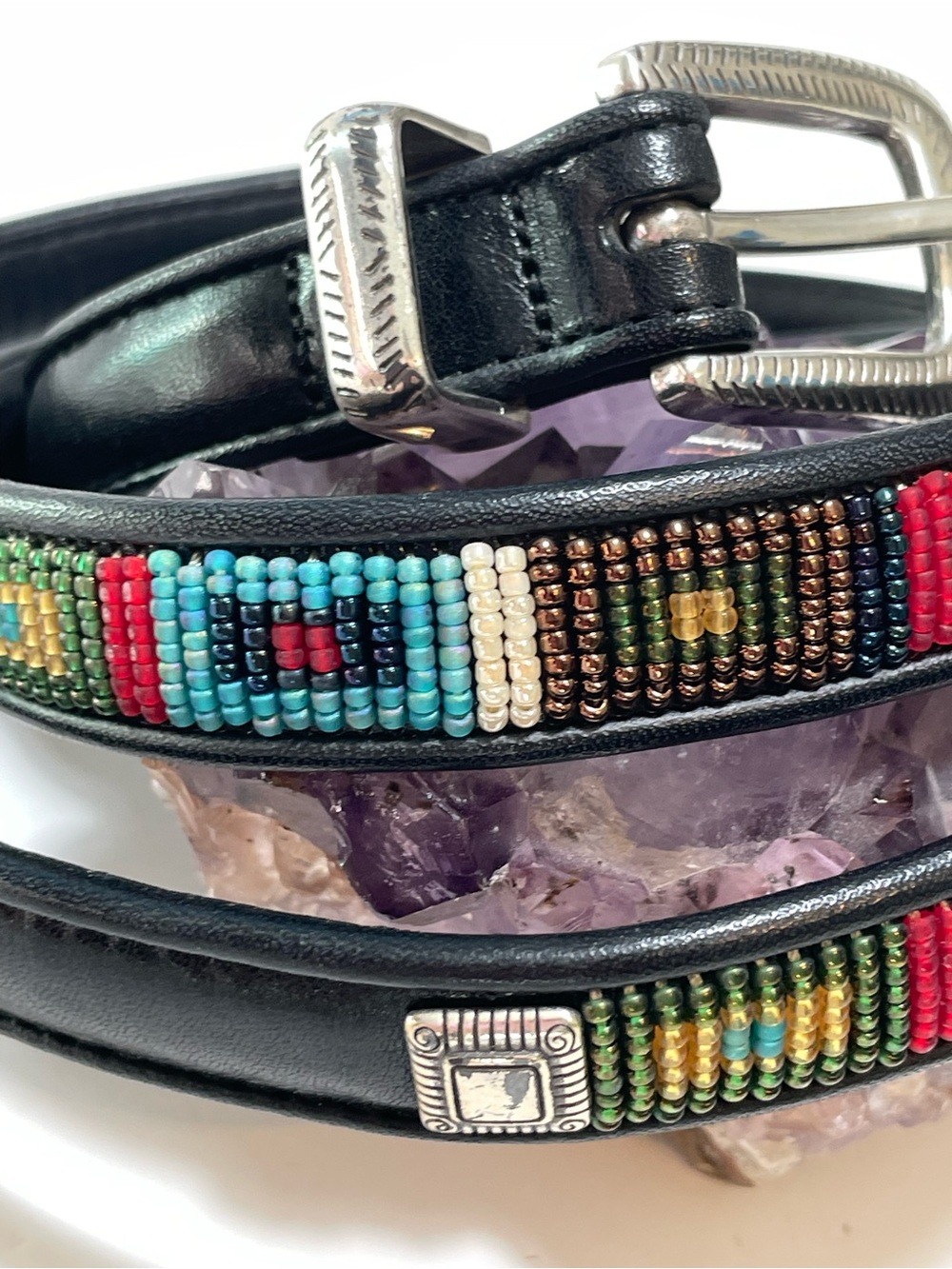 Brighton Black Leather Beaded Belt with Turquoise, Red & Silver Accents - Picture 3 of 13